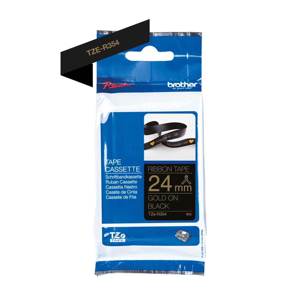 Originalt Brother TZe-R354 satinbånd – Guld på sort, 24 mm bredt 3